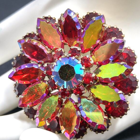 Vintage Red Rhinestone Floral Brooch, Aurora Borealis, 1960s, 1 7/8 Inches - Picture 1 of 15